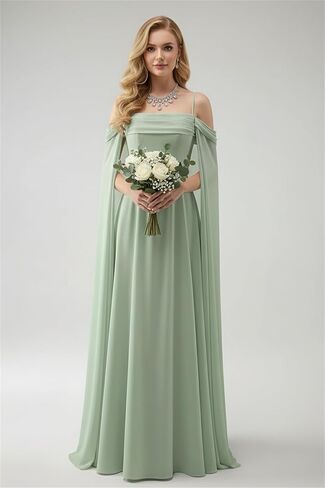فساتين رسمية بأكمام كيب من Lanbaodress للنساء طويلة من الشيفون على شكل حرف A للحفلات الراقصة المسائية in Kuwait