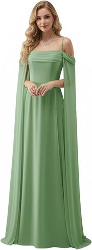 فساتين رسمية بأكمام كيب من Lanbaodress للنساء طويلة من الشيفون على شكل حرف A للحفلات الراقصة المسائية in Kuwait