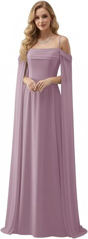 فساتين رسمية بأكمام كيب من Lanbaodress للنساء طويلة من الشيفون على شكل حرف A للحفلات الراقصة المسائية in Kuwait