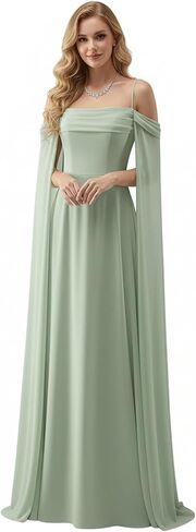 فساتين رسمية بأكمام كيب من Lanbaodress للنساء طويلة من الشيفون على شكل حرف A للحفلات الراقصة المسائية in Kuwait