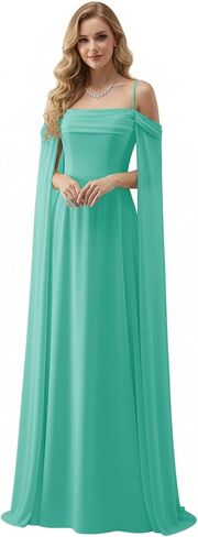 فساتين رسمية بأكمام كيب من Lanbaodress للنساء طويلة من الشيفون على شكل حرف A للحفلات الراقصة المسائية in Kuwait