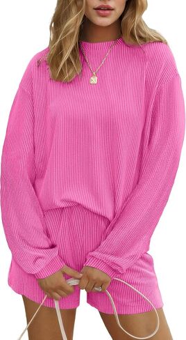 Ekouaer 2 Pieces Lounge Set for Women Long Sleeve Pajamas Top and Shorts Matching Sets Outfits with Pockets Hot Pink in Saudi Arabia