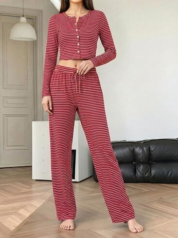 Women's Pajama Set, V-Neck Button Down Long Sleeve Top, Striped Lounge Pants, Soft Knit Sleepwear Pjs Set in Saudi Arabia
