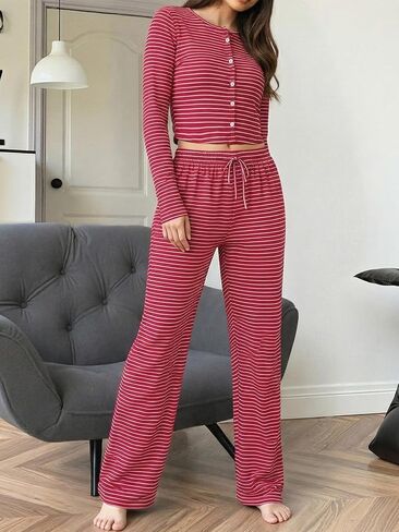 Women's Pajama Set, V-Neck Button Down Long Sleeve Top, Striped Lounge Pants, Soft Knit Sleepwear Pjs Set in Saudi Arabia