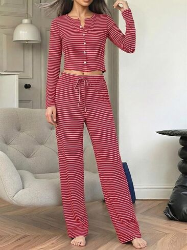 Women's Pajama Set, V-Neck Button Down Long Sleeve Top, Striped Lounge Pants, Soft Knit Sleepwear Pjs Set in Saudi Arabia
