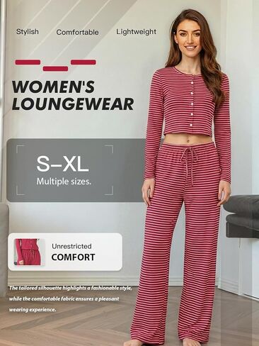 Women's Pajama Set, V-Neck Button Down Long Sleeve Top, Striped Lounge Pants, Soft Knit Sleepwear Pjs Set in Saudi Arabia