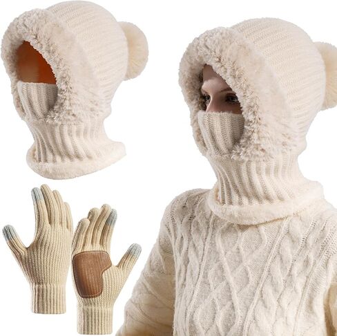 قبعة صغيرة للسيدات 3 في 1 مع قناع وشاح وقفازات، قبعة محبوكة مبطنة بالصوف وشاح للتزلج على الجليد قبعات خريف وشتاء دافئة in Kuwait