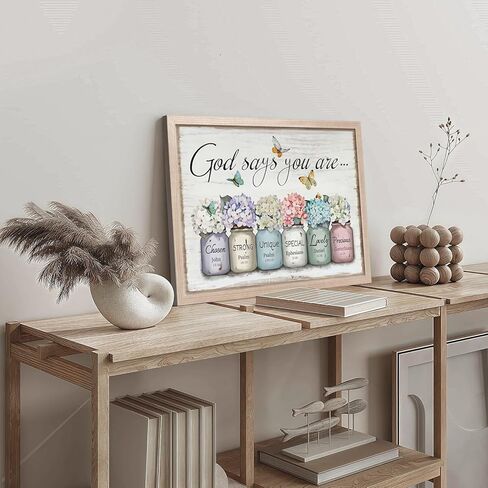 God Says You Are Wall Decor - Bible Verse Framed Canvas Print, Mason Jar Floral Print - Inspirational Christian Poster, Perfect for Women Girls Bedroom Decor,12x16 Inch in Saudi Arabia