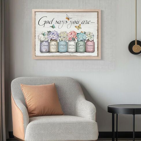 God Says You Are Wall Decor - Bible Verse Framed Canvas Print, Mason Jar Floral Print - Inspirational Christian Poster, Perfect for Women Girls Bedroom Decor,12x16 Inch in Saudi Arabia