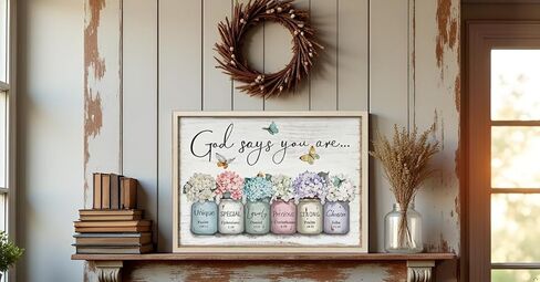 God Says You Are Wall Decor - Bible Verse Framed Canvas Print, Mason Jar Floral Print - Inspirational Christian Poster, Perfect for Women Girls Bedroom Decor,12x16 Inch in Saudi Arabia