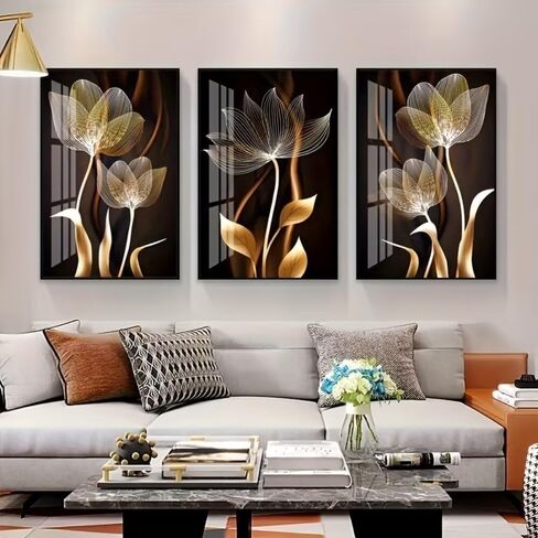 3 Pcs Black And Golden Flowers 12x16inch Wall Art for Modern Home, Office, Living Room, Bedroom Decor,Unframed Canvas Poster Wall Art in Saudi Arabia