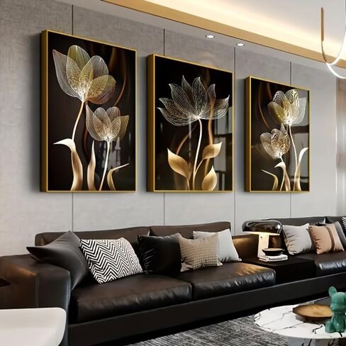 3 Pcs Black And Golden Flowers 12x16inch Wall Art for Modern Home, Office, Living Room, Bedroom Decor,Unframed Canvas Poster Wall Art in Saudi Arabia