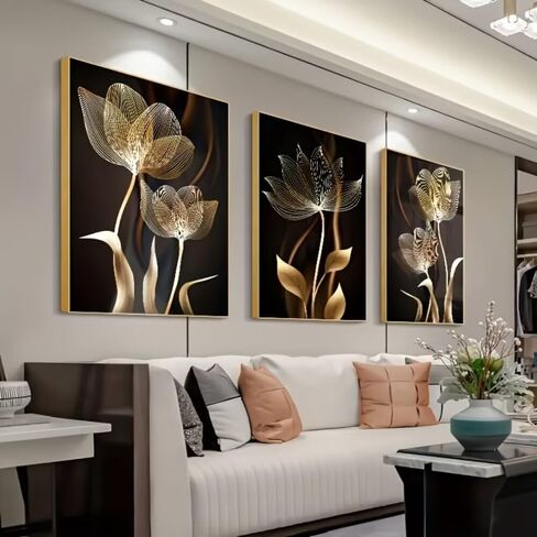 3 Pcs Black And Golden Flowers 12x16inch Wall Art for Modern Home, Office, Living Room, Bedroom Decor,Unframed Canvas Poster Wall Art in Saudi Arabia