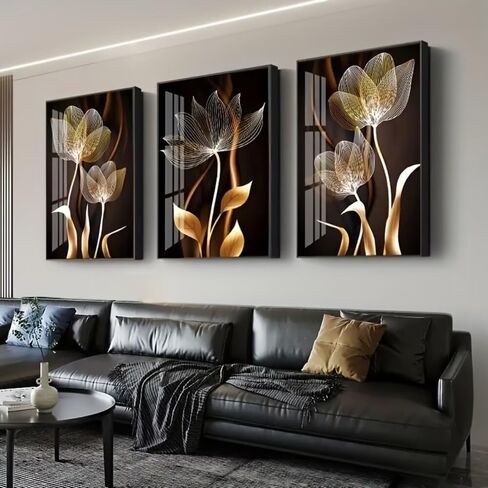 3 Pcs Black And Golden Flowers 12x16inch Wall Art for Modern Home, Office, Living Room, Bedroom Decor,Unframed Canvas Poster Wall Art in Saudi Arabia