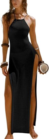 Women's Crochet Knit Cover Up Tie Backless Split Maxi Dress Halter Summer Beach Long Dresses Sexy Bathing Suit in Saudi Arabia