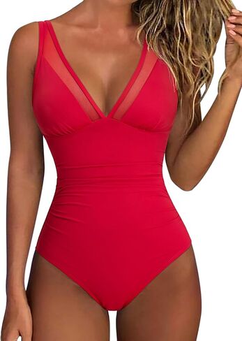 RXRXCOCO Women Sexy Mesh Tummy Control One Piece Swimsuit Ruched Slimming Shapewear Bathing Suit Lace Up Back Swimwear in Saudi Arabia