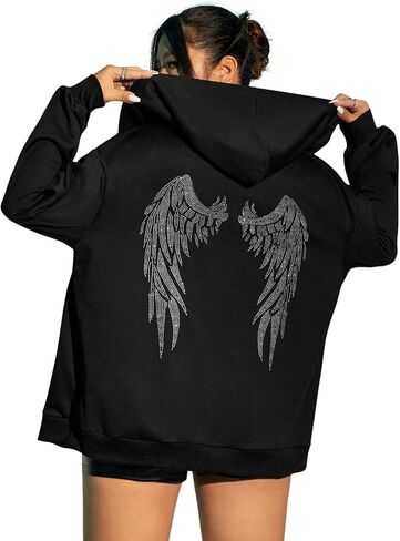 Floerns Women's Plus Size Long Sleeve Zip Up Hoodie Drop Shoulder Rhinestone Vintage Loose Sweatshirt in Saudi Arabia