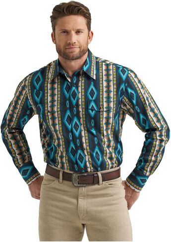 قميص Wrangler الرجالي Checotah Western Classic Fit بأكمام طويلة - أزرق مخضر متعدد الألوان in Saudi Arabia