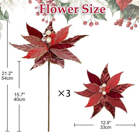 DILATATA 3 Pcs Artificial Christmas Flowers 13 Inch Glitter Poinsettia Picks Christmas Tree Ornaments Topper Decorations Red Poinsettias Flowers for Xmas New Year Wreath Garland Wedding Home Decor in Saudi Arabia