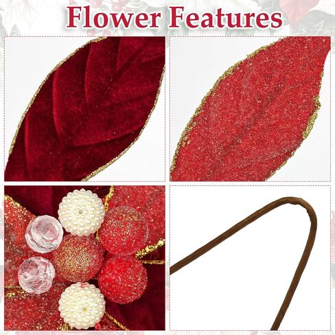DILATATA 3 Pcs Artificial Christmas Flowers 13 Inch Glitter Poinsettia Picks Christmas Tree Ornaments Topper Decorations Red Poinsettias Flowers for Xmas New Year Wreath Garland Wedding Home Decor in Saudi Arabia