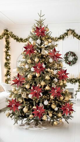 DILATATA 3 Pcs Artificial Christmas Flowers 13 Inch Glitter Poinsettia Picks Christmas Tree Ornaments Topper Decorations Red Poinsettias Flowers for Xmas New Year Wreath Garland Wedding Home Decor in Saudi Arabia