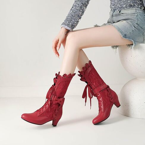 Joojaky Women Sweet Bow Boots Mid Heels Lace Up Victorian boots Mid Calf Kawaii Boot in Saudi Arabia