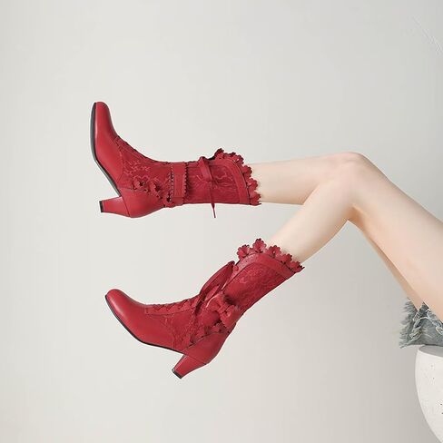 Joojaky Women Sweet Bow Boots Mid Heels Lace Up Victorian boots Mid Calf Kawaii Boot in Saudi Arabia