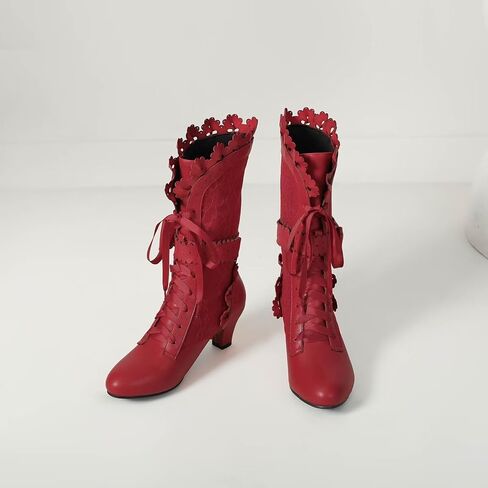 Joojaky Women Sweet Bow Boots Mid Heels Lace Up Victorian boots Mid Calf Kawaii Boot in Saudi Arabia