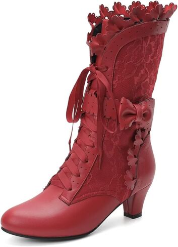 Joojaky Women Sweet Bow Boots Mid Heels Lace Up Victorian boots Mid Calf Kawaii Boot in Saudi Arabia