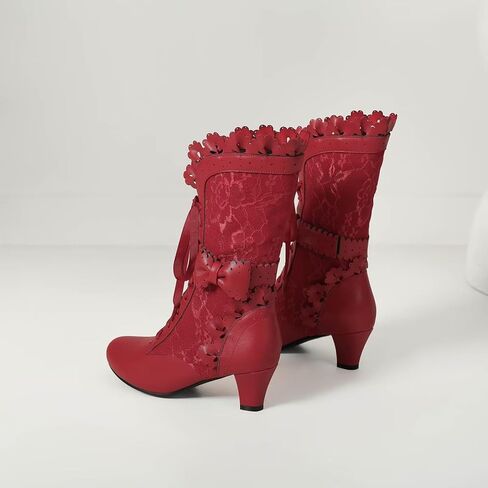 Joojaky Women Sweet Bow Boots Mid Heels Lace Up Victorian boots Mid Calf Kawaii Boot in Saudi Arabia