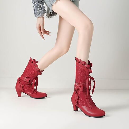 Joojaky Women Sweet Bow Boots Mid Heels Lace Up Victorian boots Mid Calf Kawaii Boot in Saudi Arabia