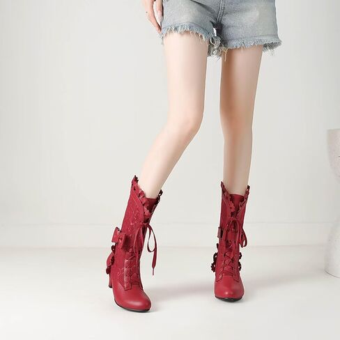 Joojaky Women Sweet Bow Boots Mid Heels Lace Up Victorian boots Mid Calf Kawaii Boot in Saudi Arabia