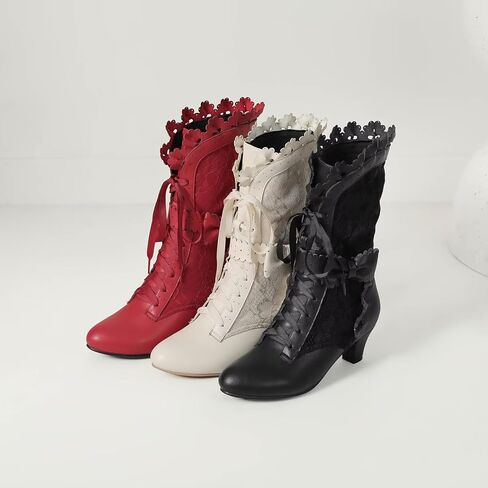 Joojaky Women Sweet Bow Boots Mid Heels Lace Up Victorian boots Mid Calf Kawaii Boot in Saudi Arabia