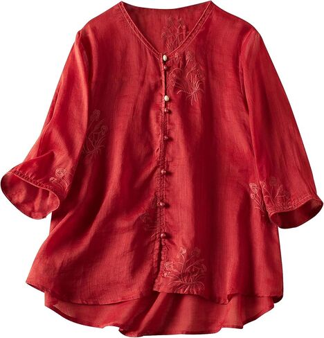 DOVWOER Women's Linen Floral Print Retro Cheongsam Top Button-up Tunic Blouse in Saudi Arabia