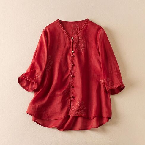 DOVWOER Women's Linen Floral Print Retro Cheongsam Top Button-up Tunic Blouse in Saudi Arabia
