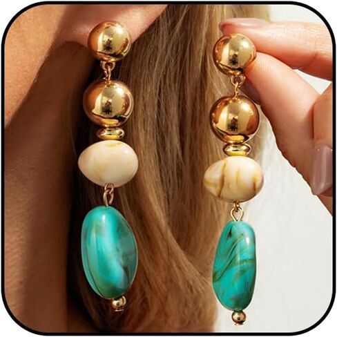 Vintage Turquoise Brown Crystal Drop Dangle Earring for Women Statement Chunky Irregular Round Oval Resin Gold Bead Dangly Stud Earrings Party Jewelry in Saudi Arabia