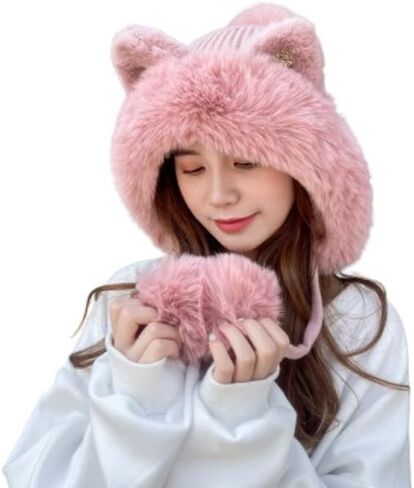 Winter Cute Cartoon Sequins Cat Ears Cap, Plus Thickened Collar Warm Hat in Saudi Arabia