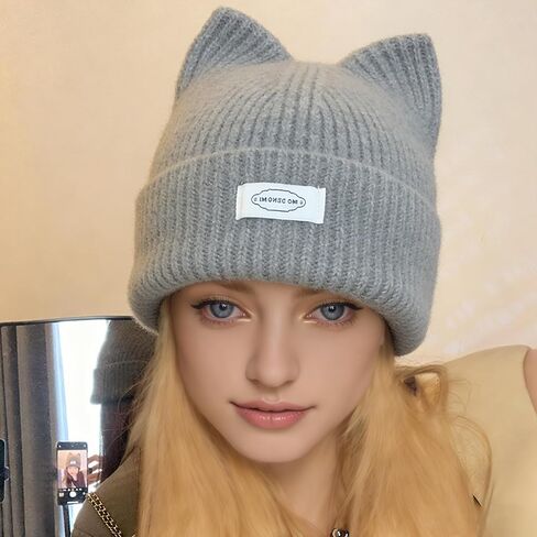 Cat Ear Beanie Hat with Feline Ears & Elastic for Women - Soft Winter Warm & Cute Cat Ear, Casual Outfits Grey in Saudi Arabia