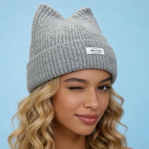 Cat Ear Beanie Hat with Feline Ears & Elastic for Women - Soft Winter Warm & Cute Cat Ear, Casual Outfits Grey in Saudi Arabia
