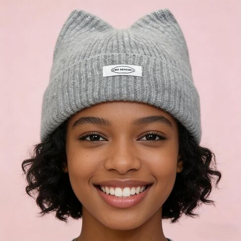 Cat Ear Beanie Hat with Feline Ears & Elastic for Women - Soft Winter Warm & Cute Cat Ear, Casual Outfits Grey in Saudi Arabia