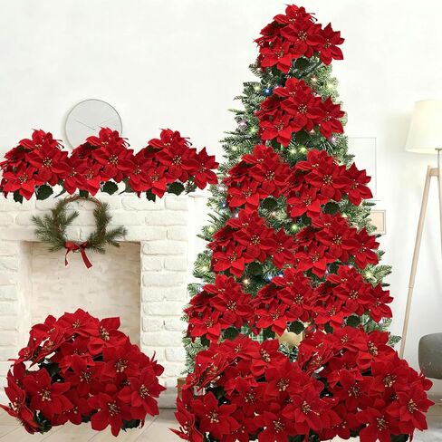 WISTART الأحمر عيد الميلاد الاصطناعي البونسيتة الزهور 8 حزمة الحرير الأحمر البونسيتة الشجيرات الاصطناعية زهور عيد الميلاد 5 رؤساء باقة الزهور مع الجذعية لديكور المنزل in Kuwait