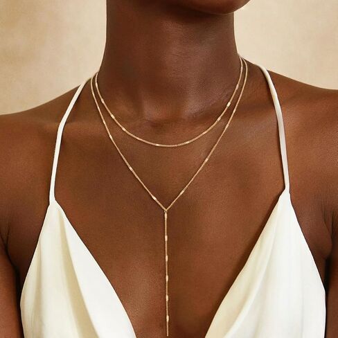 Coshilta Lariat Gold Necklace for Women, Dainty Long Necklace Gold Plated Y-Shaped Pendant Necklace Minimalist Drop Layered Necklaces Gold Plated Jewelry For Women Gift in Saudi Arabia