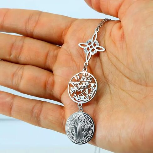 yiluocd الساحرات عقدة حماية ثلاثية قلادة الفولاذ المقاوم للصدأ tetragrammaton الخماسي سانت بنديكت ويتشي ماجيك سلتيك عقدة قلادة مجوهرات للنساء in Kuwait