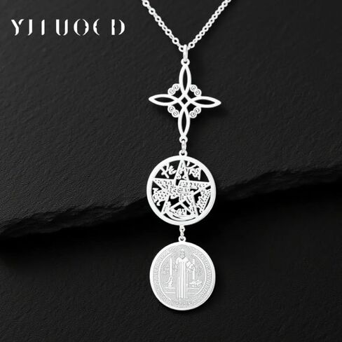 yiluocd الساحرات عقدة حماية ثلاثية قلادة الفولاذ المقاوم للصدأ tetragrammaton الخماسي سانت بنديكت ويتشي ماجيك سلتيك عقدة قلادة مجوهرات للنساء in Kuwait
