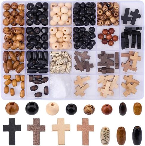Sunnyclue 1 Box 290pcs Cross Wood Beads Kit Easter Wooden Cross Beads Crucifix Mini Crosses Cross Bead Charms Wooden Round Round Beads for Jewelry Making Diy Oper Strails Supplies Supplies in Saudi Arabia