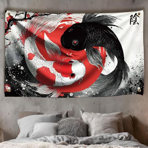 WEBEEDY Yin Yang Japanese Tapestry Wall Hanging Black Red and Flower Tapestry Home Decoration Japanese Wall Art Tapestries for Living Room Bedroom, Gift for Christmas Housewarming, 71x43 Inch in Saudi Arabia