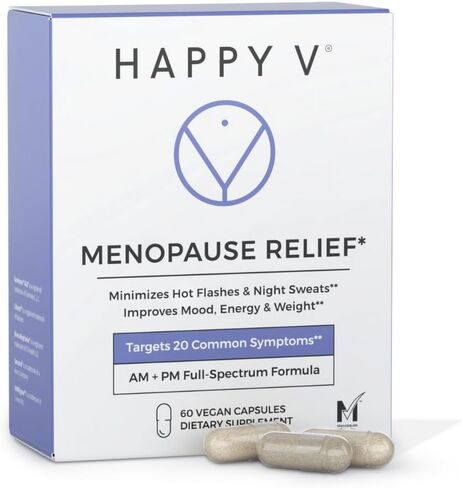 مكمل تخفيف سن اليأس للنساء من Happy V - توازن الهرمونات، دعم الوميض الساخن والعرق الليلي، تعزيز المزاج والطاقة، الصحة المهبلية، فترة ما قبل انقطاع الطمث ودعم ما بعد انقطاع الطمث - 60 كبسولة نباتية in Saudi Arabia