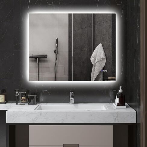 مرآة حمام LED من HOMCOM مع أضواء، مرآة LED بإضاءة خلفية 35 بوصة × 28 بوصة للحمام مع مقاومة للضباب والذاكرة ودرجة حرارة اللون اللانهائية، مرآة زينة قابلة للتعتيم مثبتة على الحائط، وضع أفقي/رأسي in Kuwait