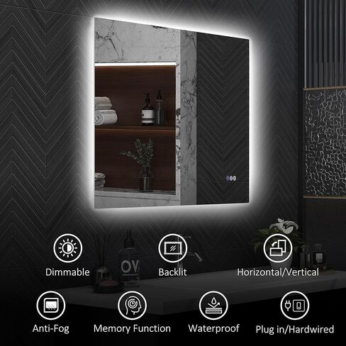 مرآة حمام LED من HOMCOM مع أضواء، مرآة LED بإضاءة خلفية 35 بوصة × 28 بوصة للحمام مع مقاومة للضباب والذاكرة ودرجة حرارة اللون اللانهائية، مرآة زينة قابلة للتعتيم مثبتة على الحائط، وضع أفقي/رأسي in Kuwait