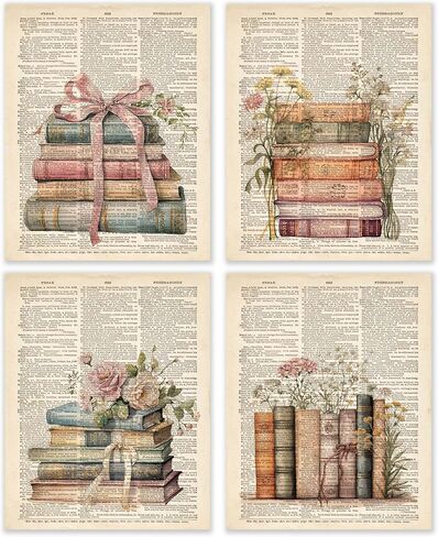 BESERH Retro Bookish Wall Decor, Vintage Book Wall Art Prints, Preppy Bow Floral Dictionary Book Posters for Reading Room Corner Nook Library Classroom, 8x10 Inches Set of 4 Unframed in Saudi Arabia